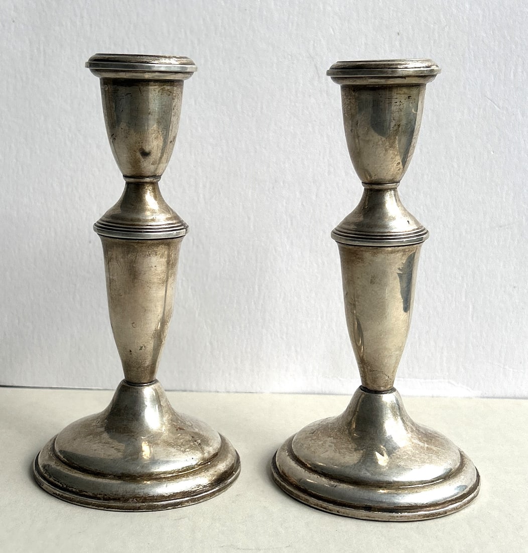 Pair Empire Sterling Silver Weighted Candlesticks 6 1/4 in. height x 3 1/4 in. diameter base (1 of 6)