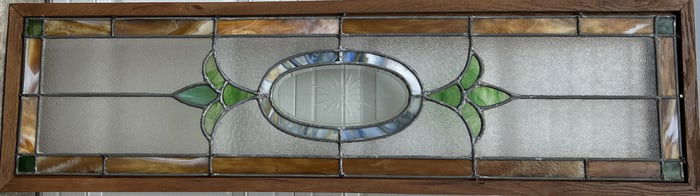 Art Nouveau Antique Stain Glass Window, Oak Framed, All Glass Good, 12 in. x 49 in. window size