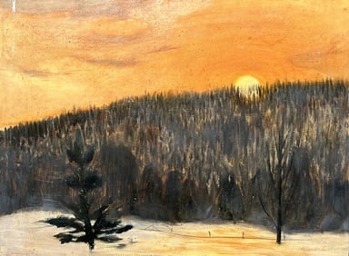 ROBERT ANGELOCH 1922-2011 Woodstock NY - WINTER SUNSET 1960s Oil on Board Painting