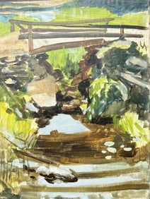 ROBERT ANGELOCH 1922-2011 Woodstock NY - "BRIDGE and STREAM" Oil on Board Painting