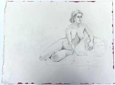 Raphael Soyer, American Artist, Pencil Drawing of a Seated Nude Female Model