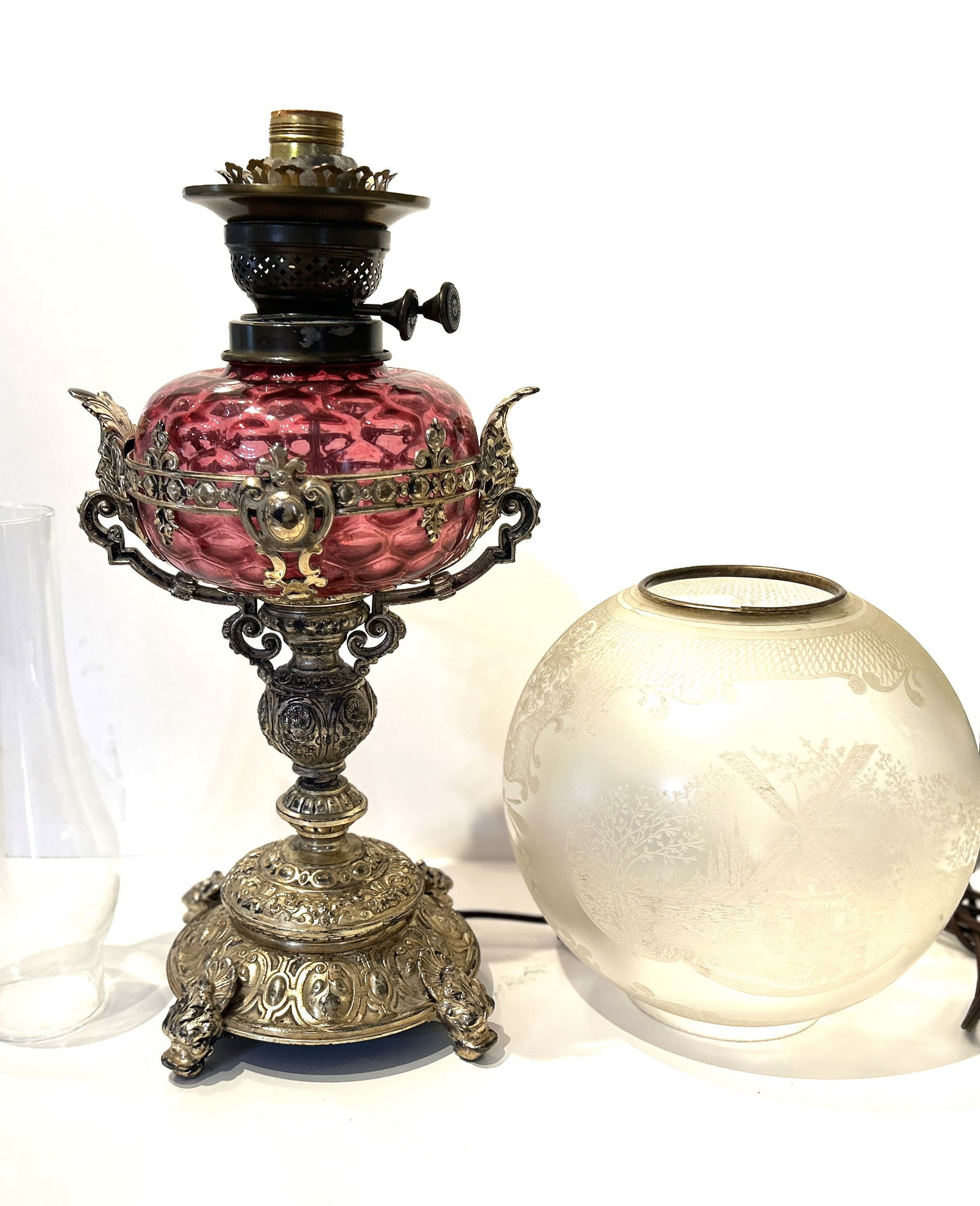 Victorian Banquet Lamp Silver Plate with Cranberry Glass Font, Etched Ball Shade (1 of 15)