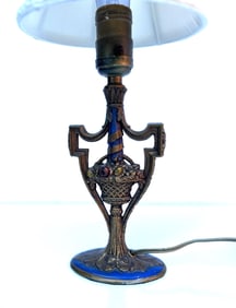 ART DECO Cast Iron Boudoir Lamp Base, Basket of Flowers , Good Original Patina, Silk Shade