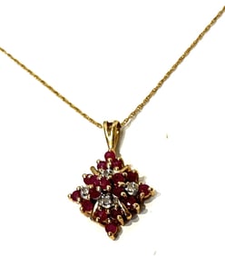 TIFFANY & CO, T&C, 14K GOLD RUBY & DIAMOND Pendant Necklace on 14K Chain