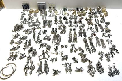 Large Estate Lot of Vintage Rhinestone Jewelry 1930s-60s ALL EARRINGS 96 PAIRS