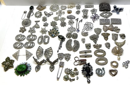 Large Estate Lot of Vintage Rhinestone Jewelry 1930s-60s 58 PIECES ASSORTED PINS, BUCKLES