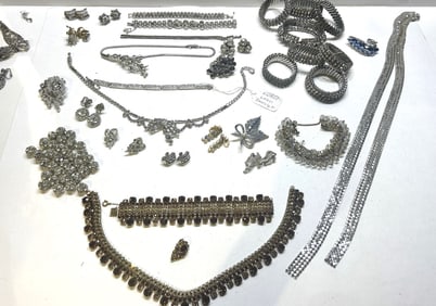 Large Estate Lot of Vintage Rhinestone Jewelry 1930s-60s:  40 Pieces Assorted & 33 Buttons