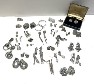 Large Estate Lot of Vintage Rhinestone Jewelry 1930s-60s:  29 PAIRS ASSORTED EARRINGS