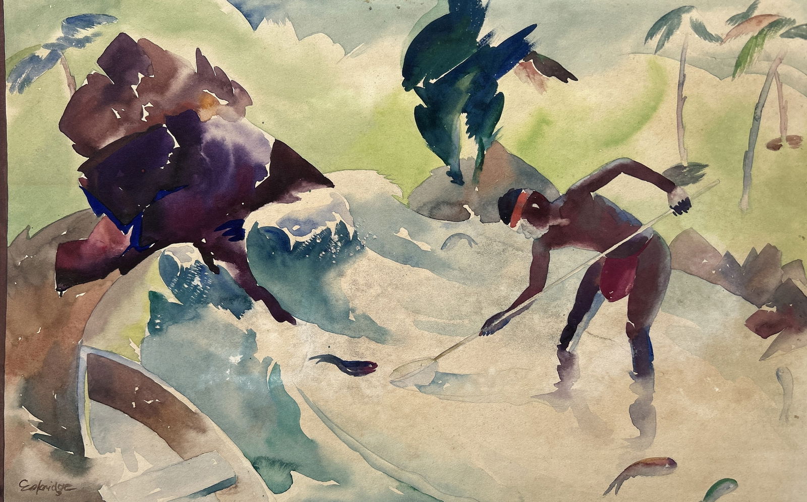 Robert Lee Eskridge (1891 - 1975) Hawaii, Calif.; Watercolor Native Spear Fishing, Signed Eskridge: Robert Lee Eskridge (1891 - 1975) Hawaii, Calif.; Watercolor Painting Native Spear Fishing, Signed Eskridge. Size image 9 in. x 14 in. , mounted on a backboard as is 15 in. x 20 in. ; ASKart: Born on
