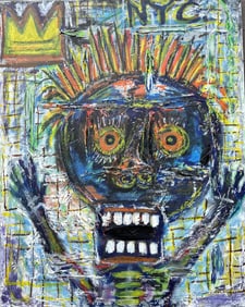 manner of Jean-Michel Basquiat (1960 - 1988), Oil Painting on Canvas Grotesque Head painted by