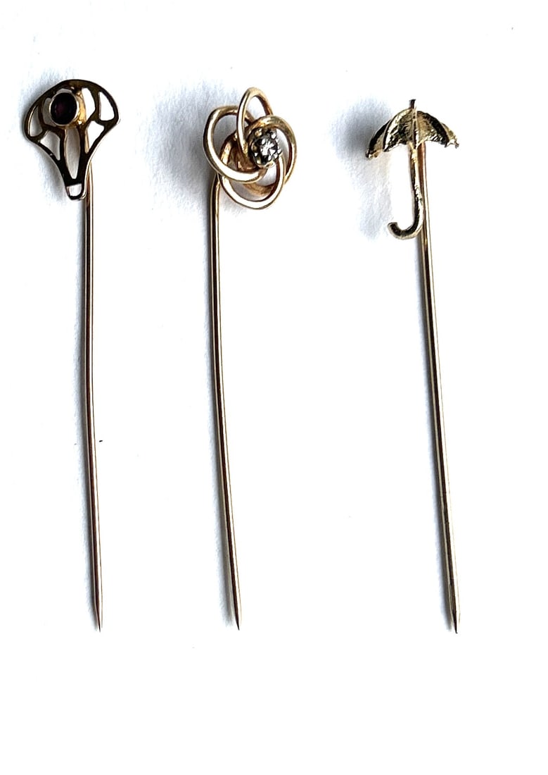 [3] Assorted 14K GOLD Stick Pins: 14K .9 dwt Victorian Knot with Diamond Stick Pin 2 1/4 in. ; (1 of 3)
