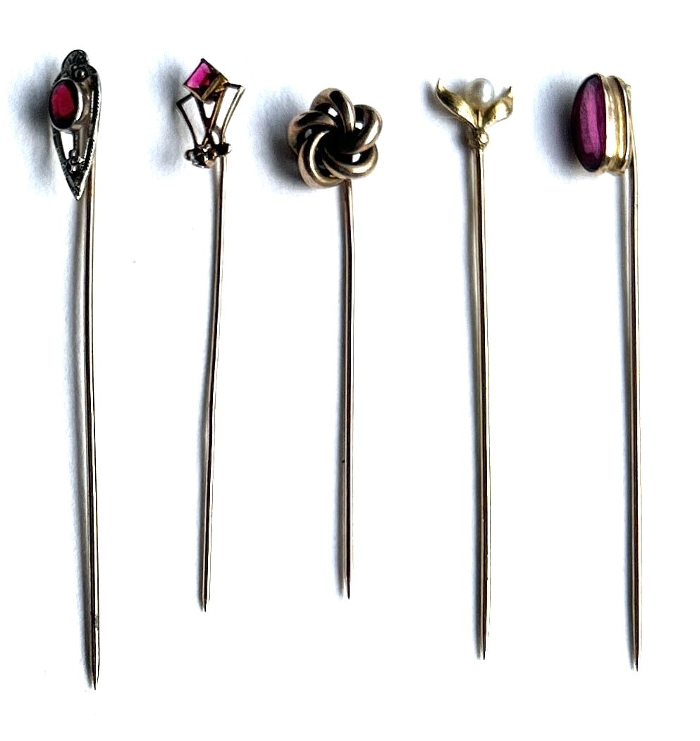 [5] Assorted 10K GOLD Stick Pins: 10K .3 dwt Ruby Color & CZ Art Nouveau Stick Pin 2 1/4 in. ; (1 of 2)