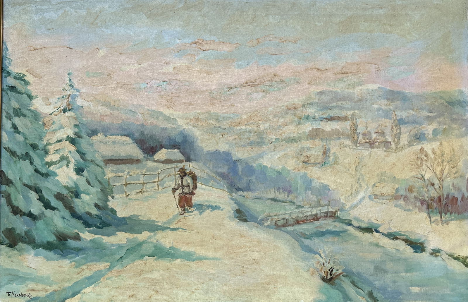 T Makabehko,Ukraine, Vintage Oil on Canvas Painting Man Hiking on Winter Mountain Landscape (1 of 5)