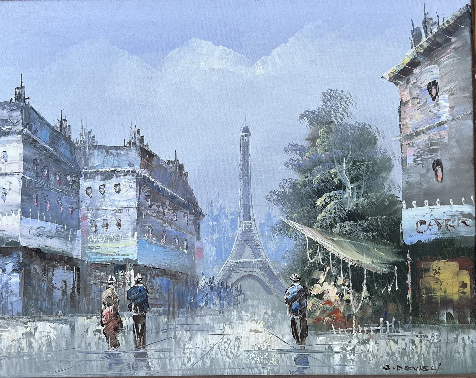 Signed J Devi 1954, Oil on Canvas Painting, French Street Scene with Eiffel Tower in Center: Signed J Devi 1954, Oil on Canvas Painting, French Street Scene with Eiffel Tower in Center. Size: image 16 in. x 20 in. ; outer frame 20 1/2 in. x 24 1/2 in.