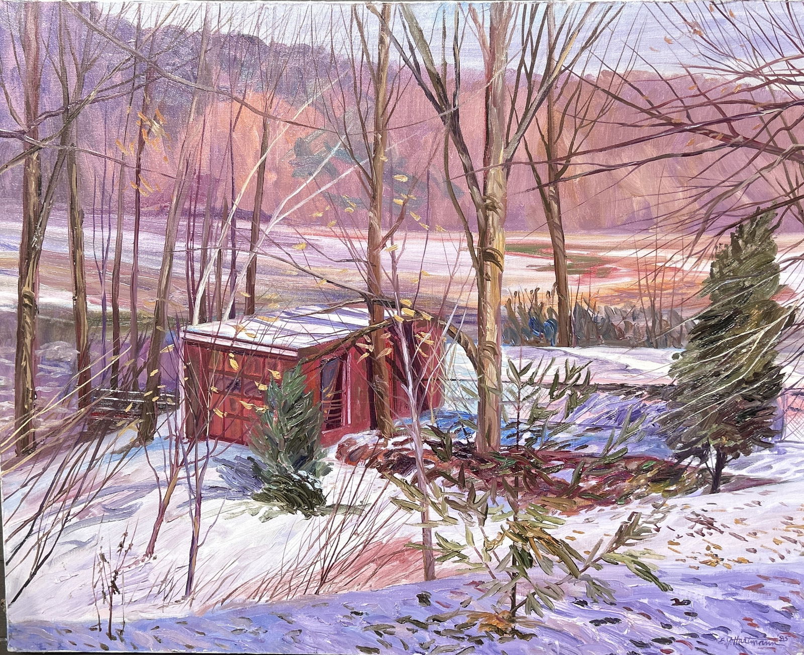 E J Hartmann, Riverton NJ Artist, Impressionist Landscape Oil on Canvas Painting Cabin in Woods (1 of 4)