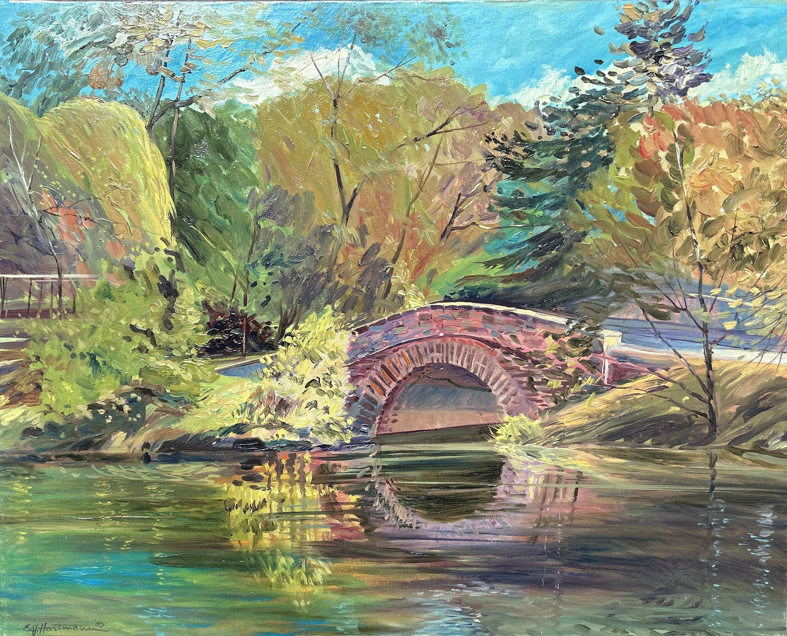 E J Hartmann, Riverton NJ Artist, Impressionist Landscape Oil on Canvas Painting Stone Bridge Autumn (1 of 4)