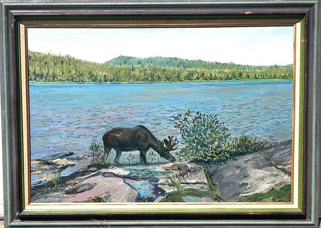 E J Hartmann, Riverton NJ Artist, Moose at Lake Landscape Oil/c Large Painting (1 of 4)