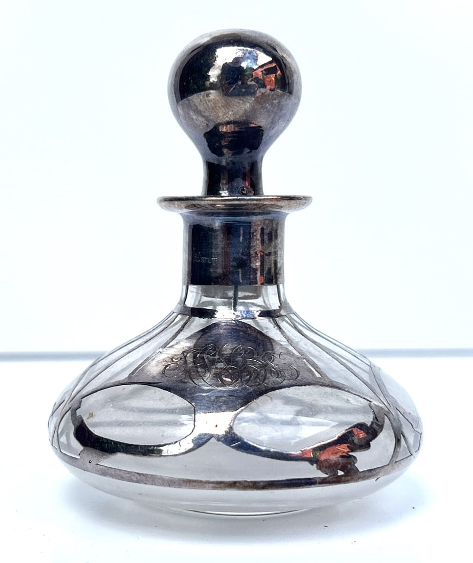Antique Clear Glass Perfume Bottle w Detailed Sterling Silver Overlay 3.5 inches (1 of 6)