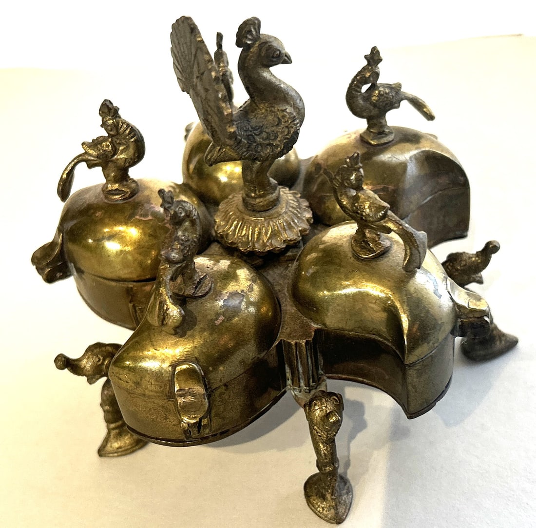 Antique Brass Indian Kumkum Tikka Box , Spice Box, with Figural Peacock Birds, good patina (1 of 5)