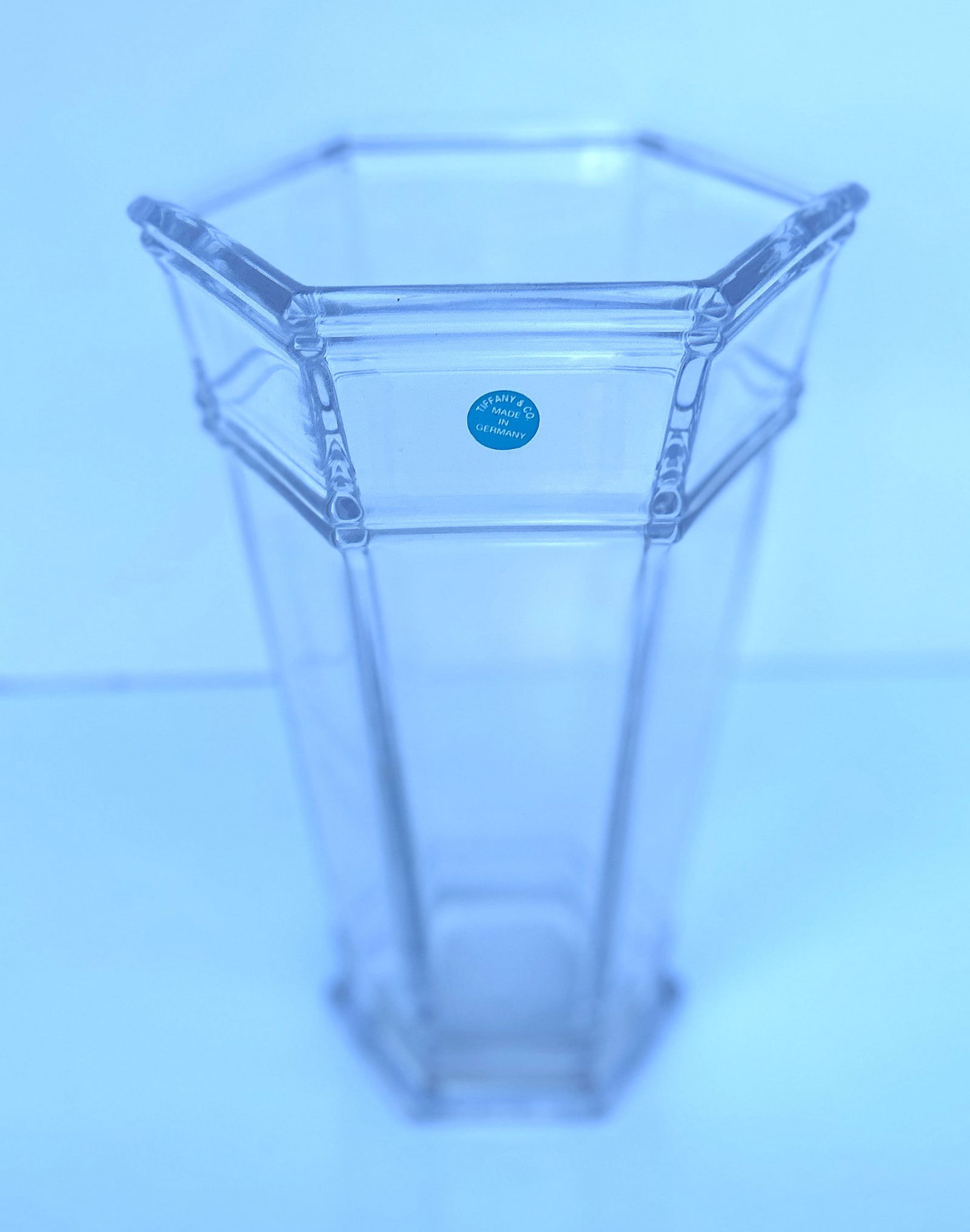 TIFFANY & CO 6-Sided Crystal Glass Vase, Signed and Label, 9 in. height x 5 in. wide tapers to 3 1/2 (1 of 6)