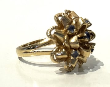 14K GOLD with 5 Blue Sapphires Cocktail Ring Size  ; weighs 5.3 dwt total weight