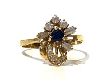 21 K GOLD [marked 875] , Blue Sapphire and CZ Ring Size  ; weighs 2.0 dwt total weight