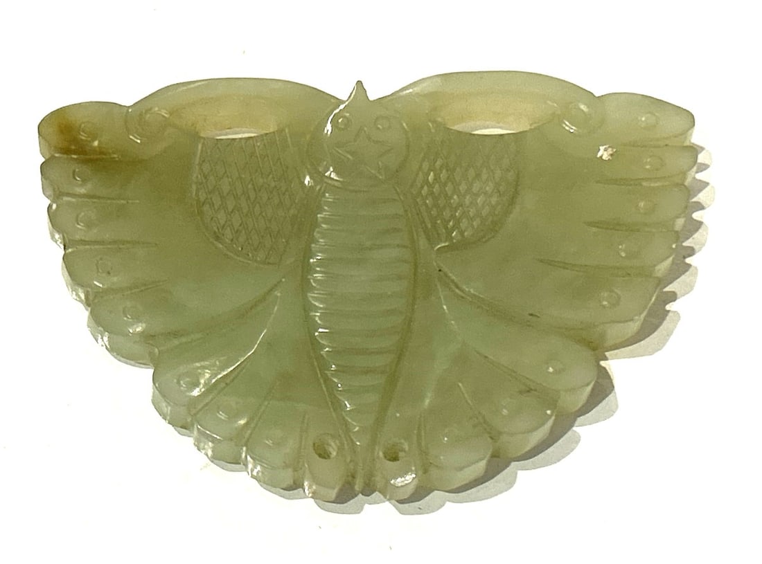 Green Jade Hand Carved Chinese Butterfly Figure Large Pendant 3 1/4 in. x 2 1/4 in. (1 of 3)