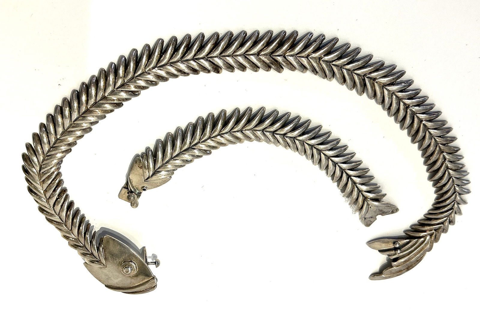 236.7 grams Heavy .925 Sterling Silver FISH LINK NECKLACE and BRACELET SET (1 of 6)