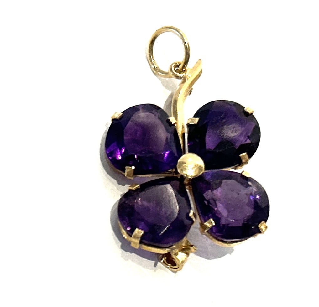 18K [750] GOLD Four-Leaf Purple Spinel Clover Pin / Pendant, 2.8 dwt, size 1 1/4 in. x 3/4 in. (1 of 4)