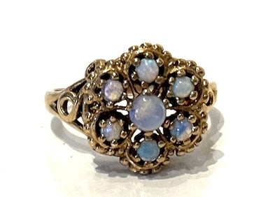 14K GOLD and Opal Cocktail Ring Size 8.75, 3.1 dwt, 5/8 in. diameter