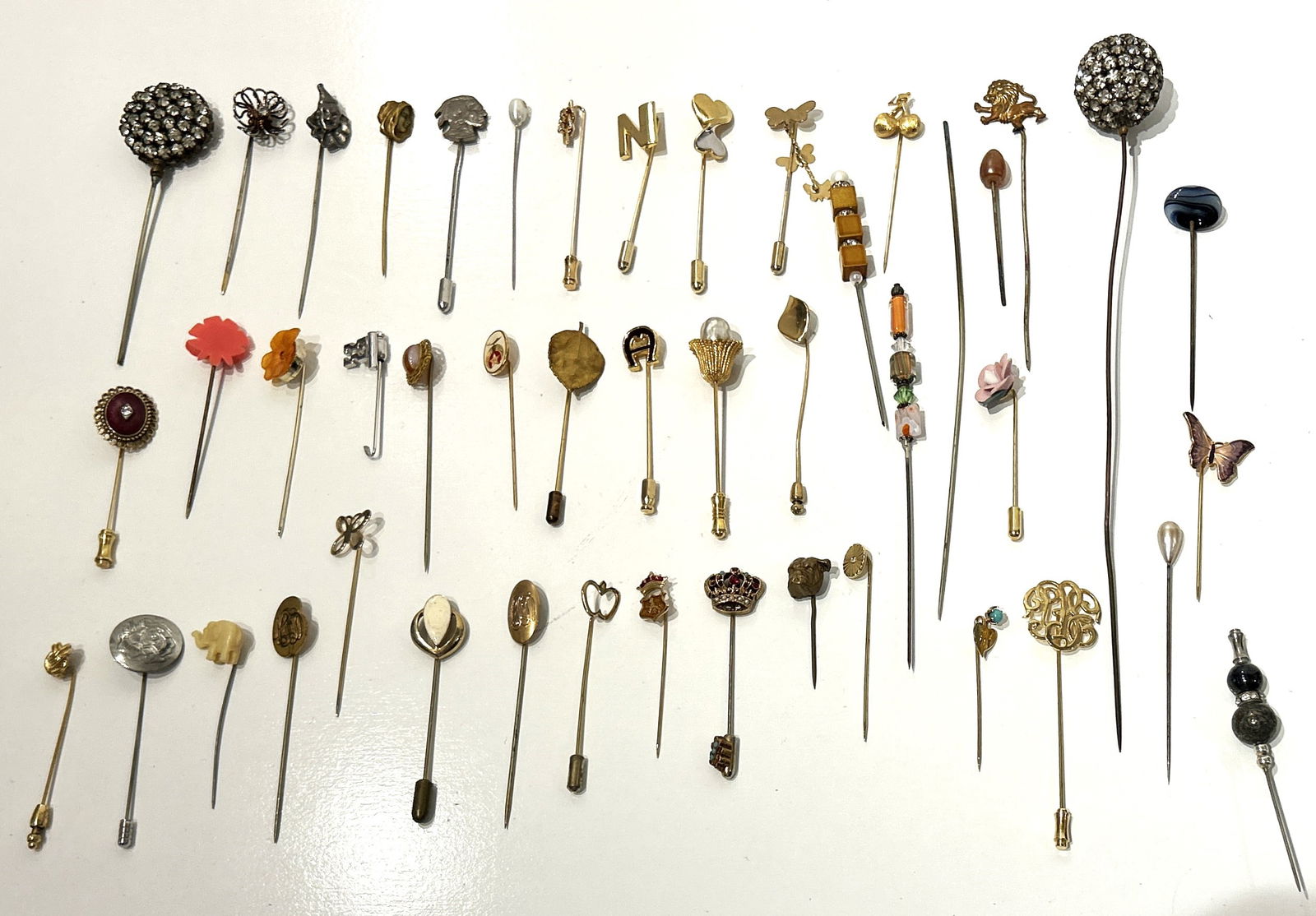 46 Assorted Stick Pins including Bulldog, Murano, Rhinestones, Biogi, Monet, Crown Trifari, Others (1 of 9)