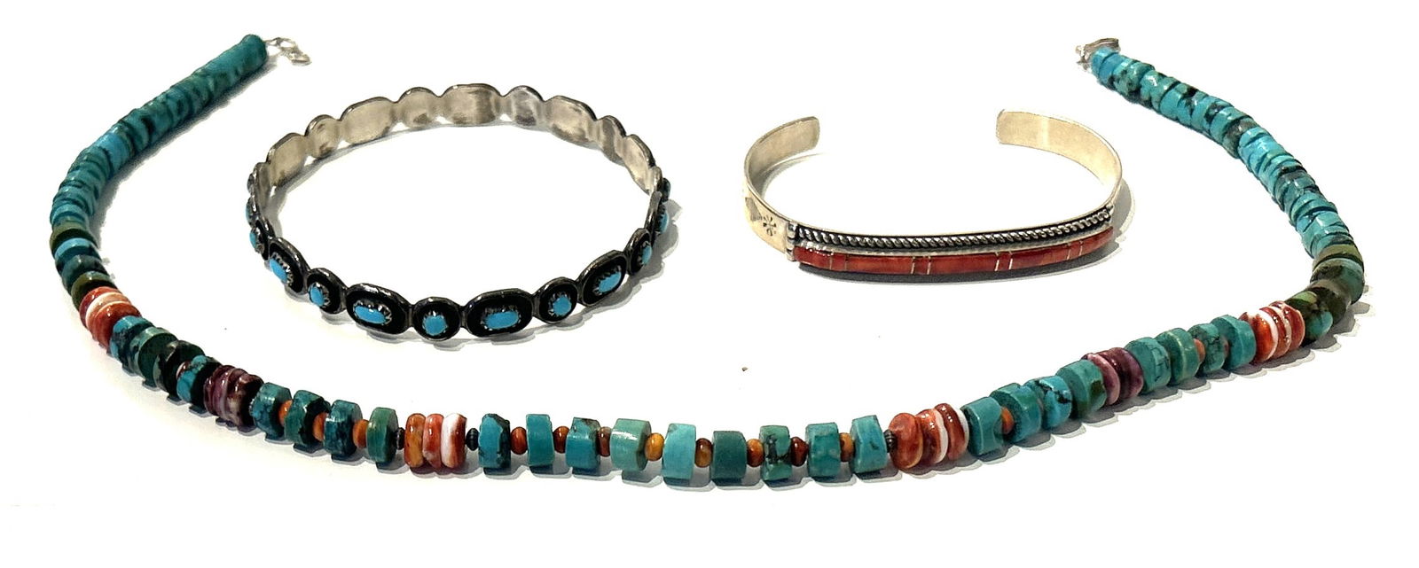 3 Assorted Native American Indian 2 Bracelets, Necklace: Sterling and Turquoise Bangle Bracelet (1 of 4)