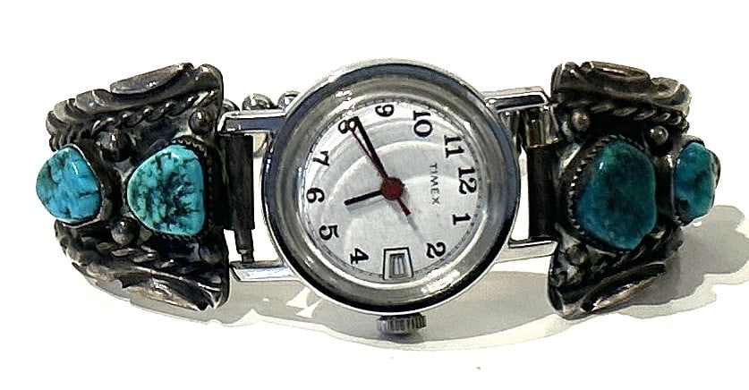 Native American Indian Watch Band Sterling Silver with Turquoise [Stretch is Stainless]: Native American Indian Watch Band Sterling Silver with Turquoise [Stretch is Stainless]; 1 in. x 1 in. each side