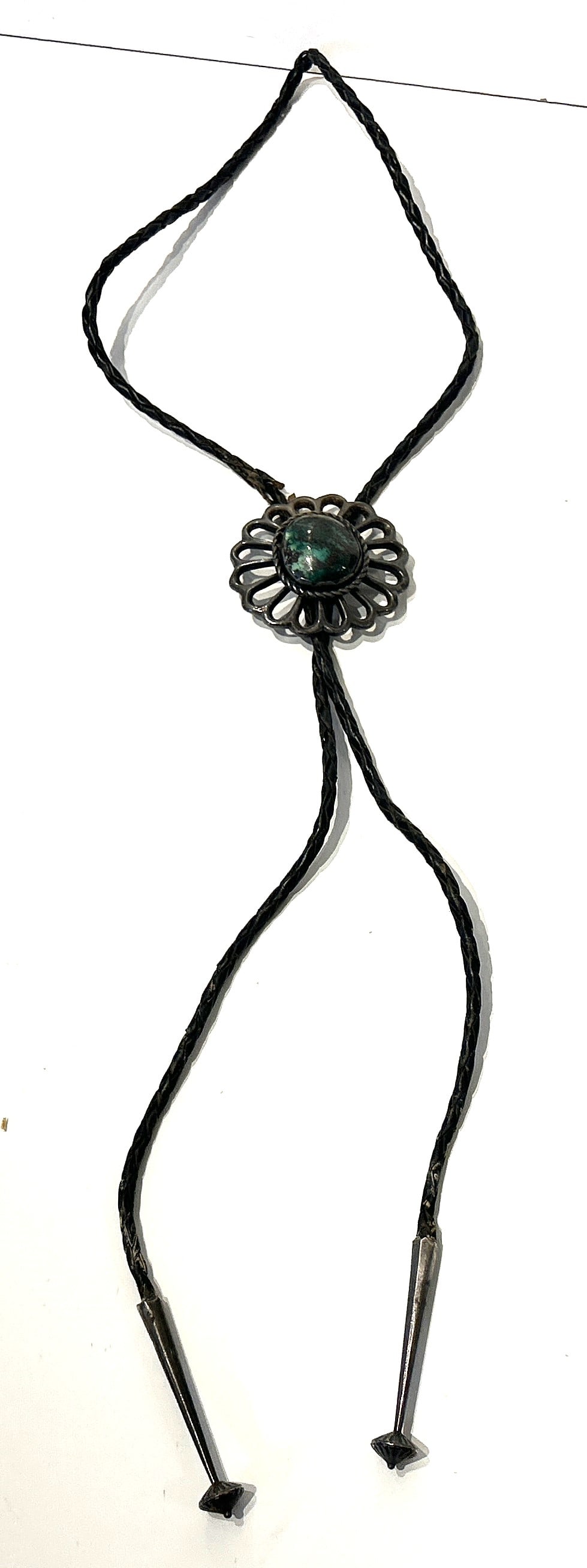 Native American Bolo Tie Sterling with Chrysocolla Stone, Sterling Tips, 40 in. x 2.25 in. dia.: Native American Bolo Tie Sterling with Chrysocolla Stone, Sterling Tips, 40 in. x 2.25 in. dia.