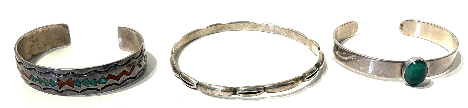 3 Assorted Sterling Silver Bracelets: Sterling Cuff Bracelet with Malachite 2.25 in. x 2 in. (1 of 3)