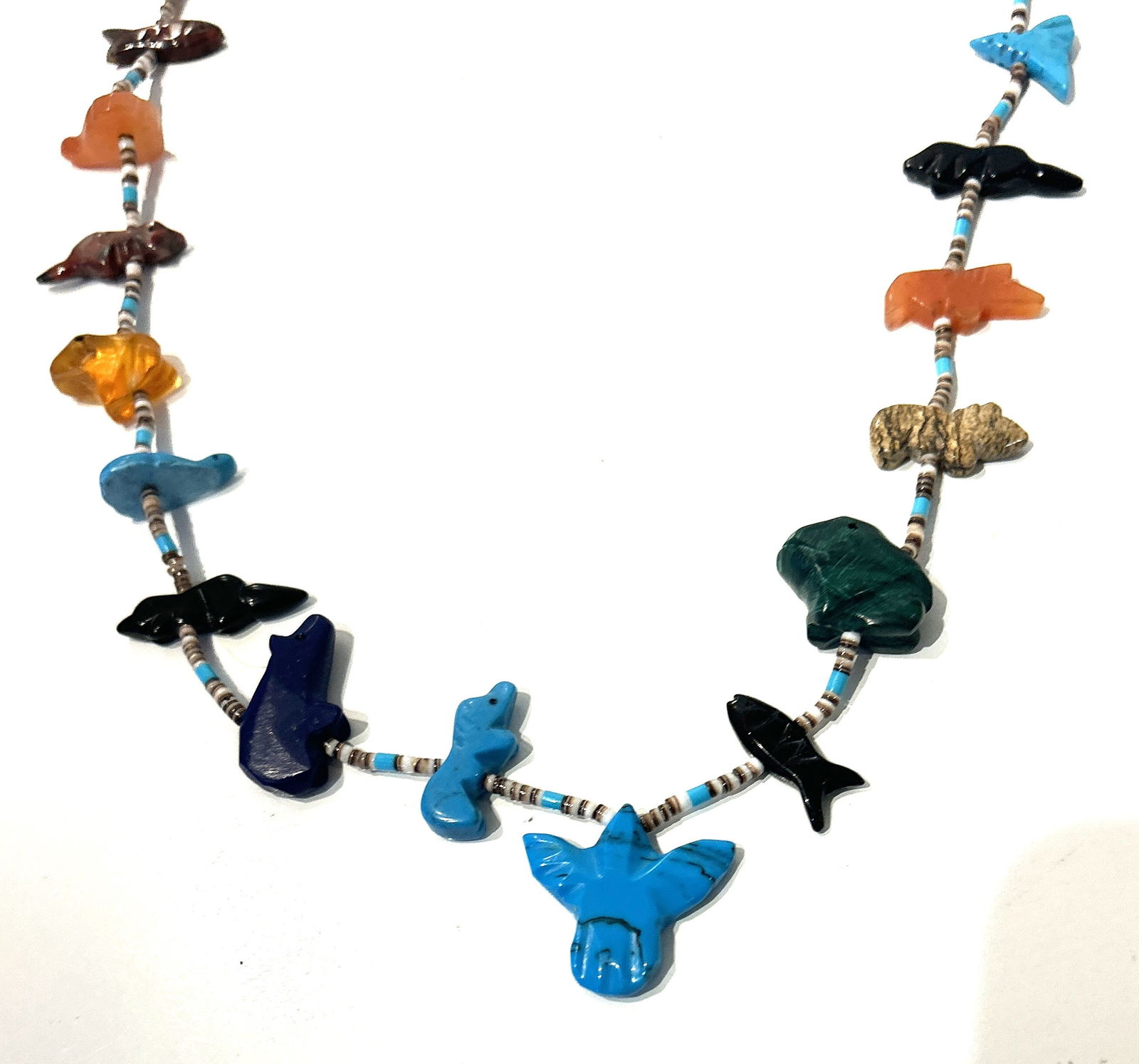 Native American Indian Necklace Carved Animals Turquoise, Coral, Amethyst, Black Onyx, Agate, (1 of 5)