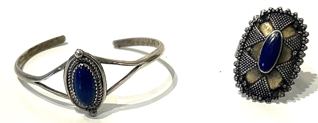 Sterling Silver and Lapis Ring Size 7.5; Native American Indian Navajo marked "D" Sterling & Lapis (1 of 5)