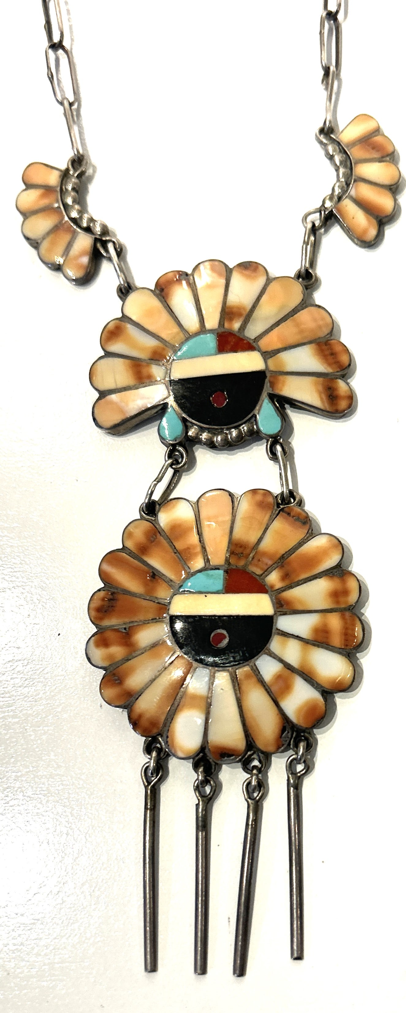 Native American Navajo 4-Pc. Panel MOP, Black Onyx, Coral, Turquoise Feather Design Necklace (1 of 5)