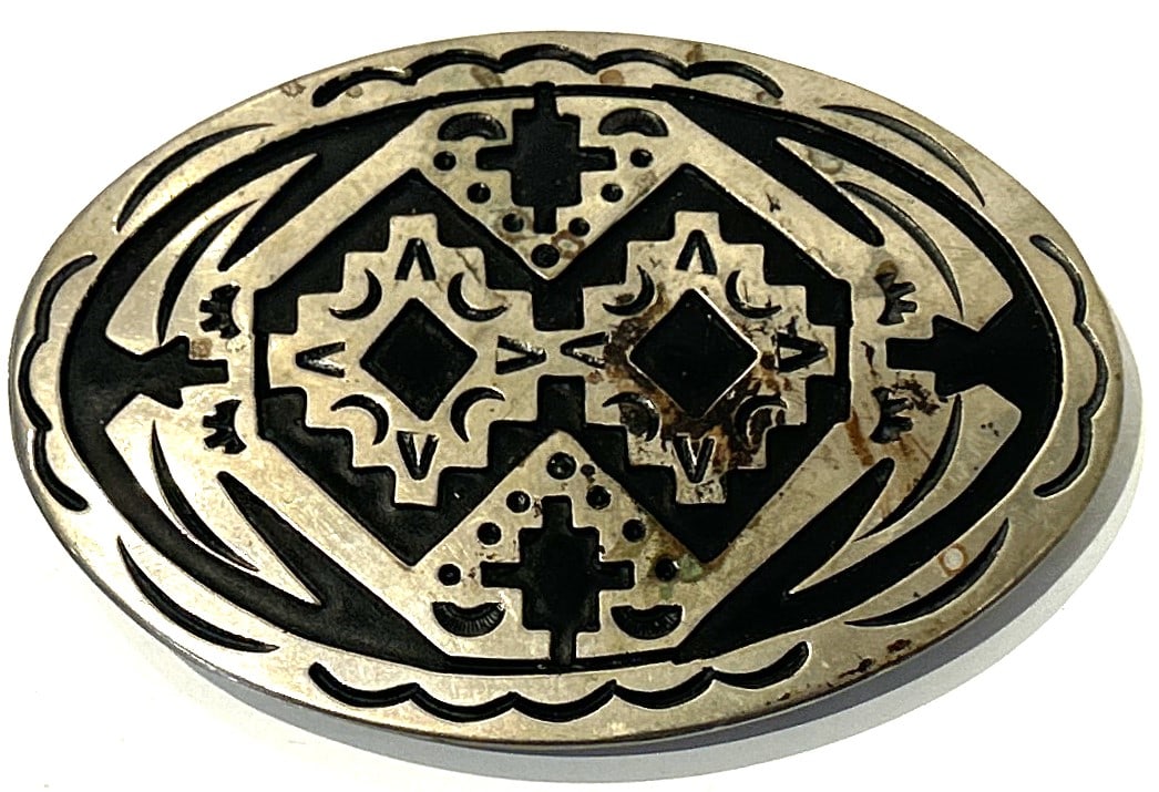 SD South Dakota] William Singer Navajo American Indian Silver & Black Enameled Buckle: SD South Dakota] William Singer Navajo American Indian Silver & Black Enameled Buckle. 3 1/4 in. x 2 1/2 in.