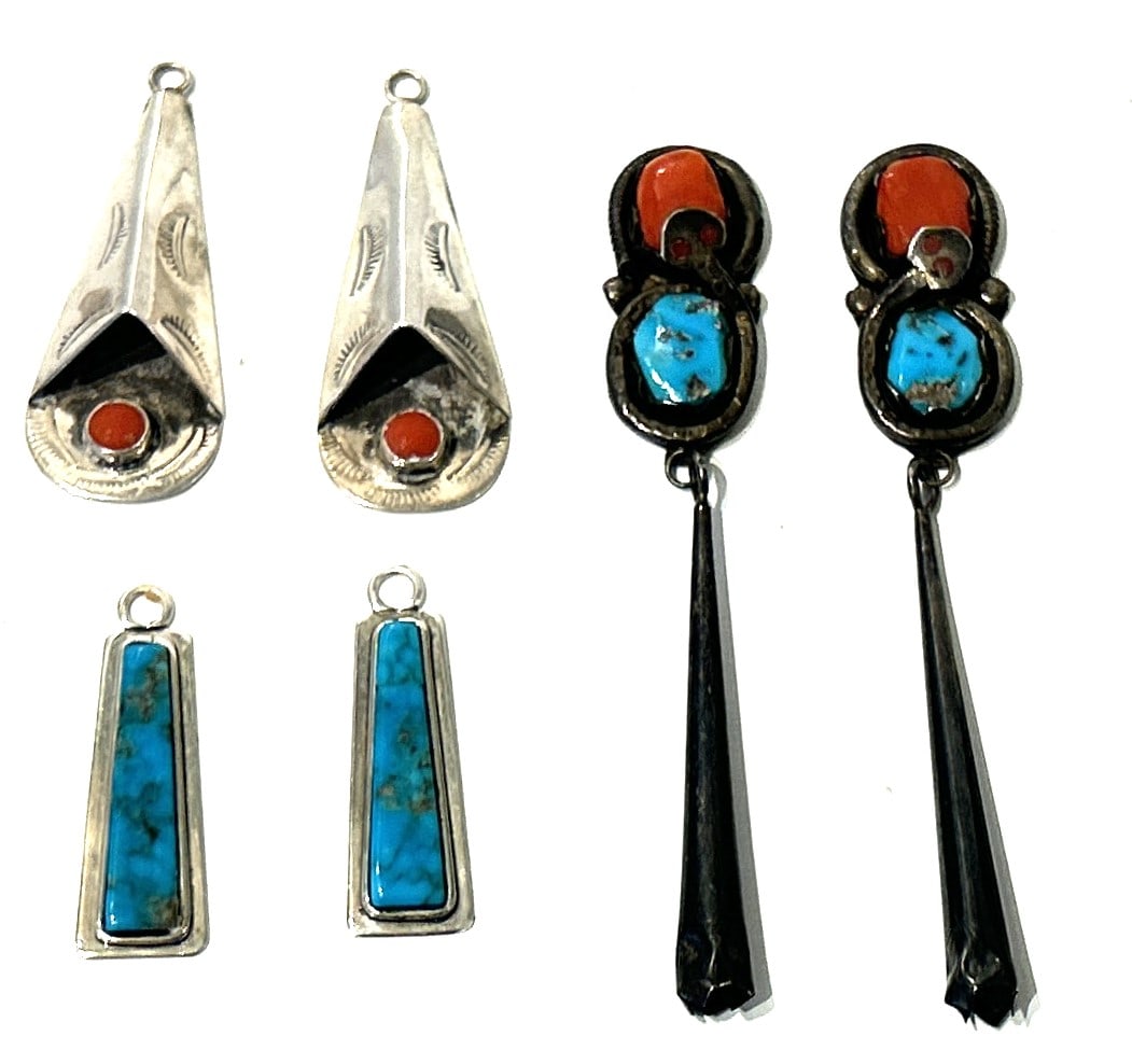 3 Pairs Sterling Silver Drop Earrings / Charms: Coral with Sunrise; Turquoise Triangle; Effie G (1 of 4)
