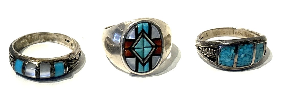 3 Sterling Silver Rings: .925 Sterling DP Inlaid MOP and Turquoise Size Ring 10.75; Sterling Silver (1 of 4)