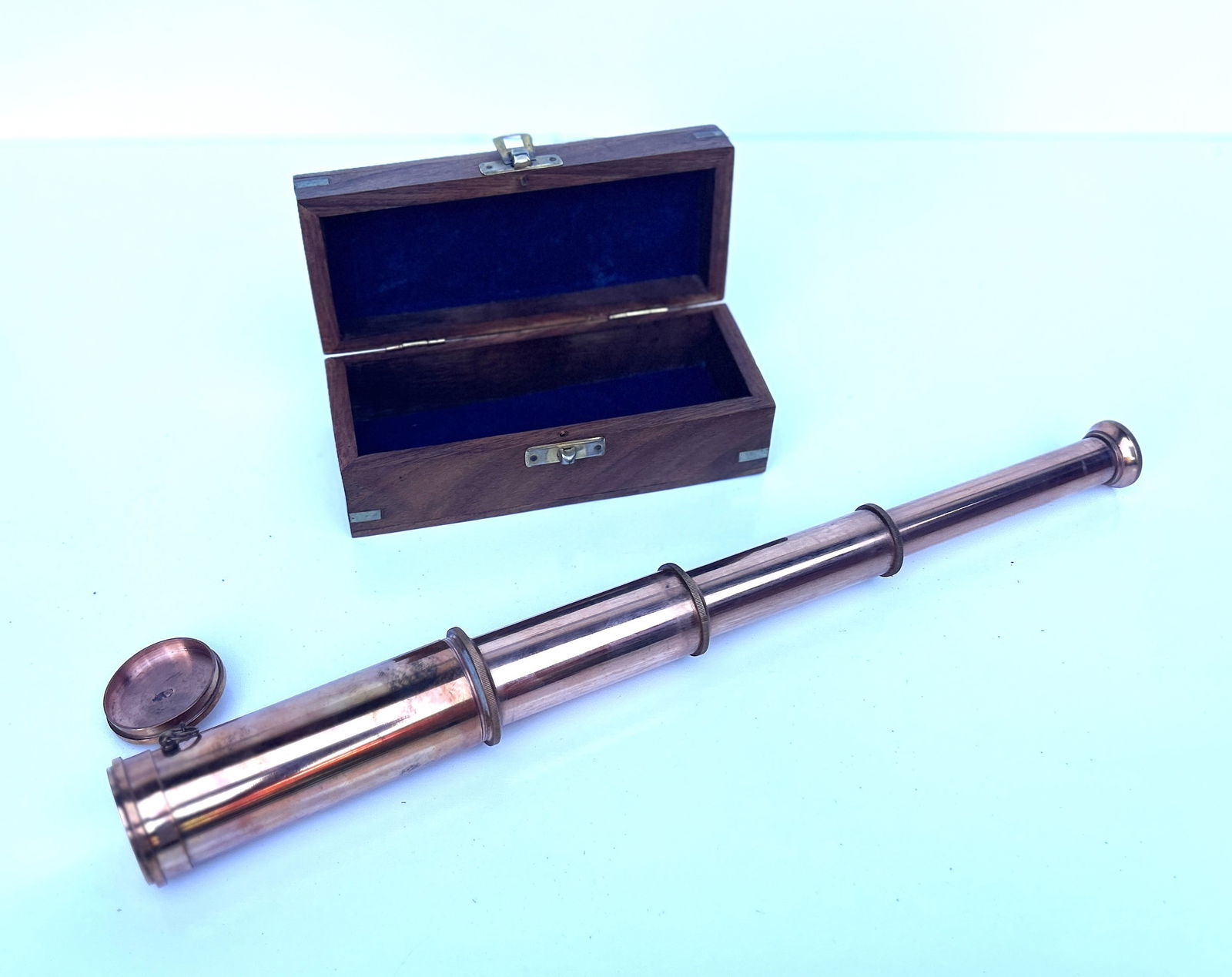 Nautical Seaman's Copper Telescope with Walnut Box Inlaid Brass Anchor Top (1 of 5)