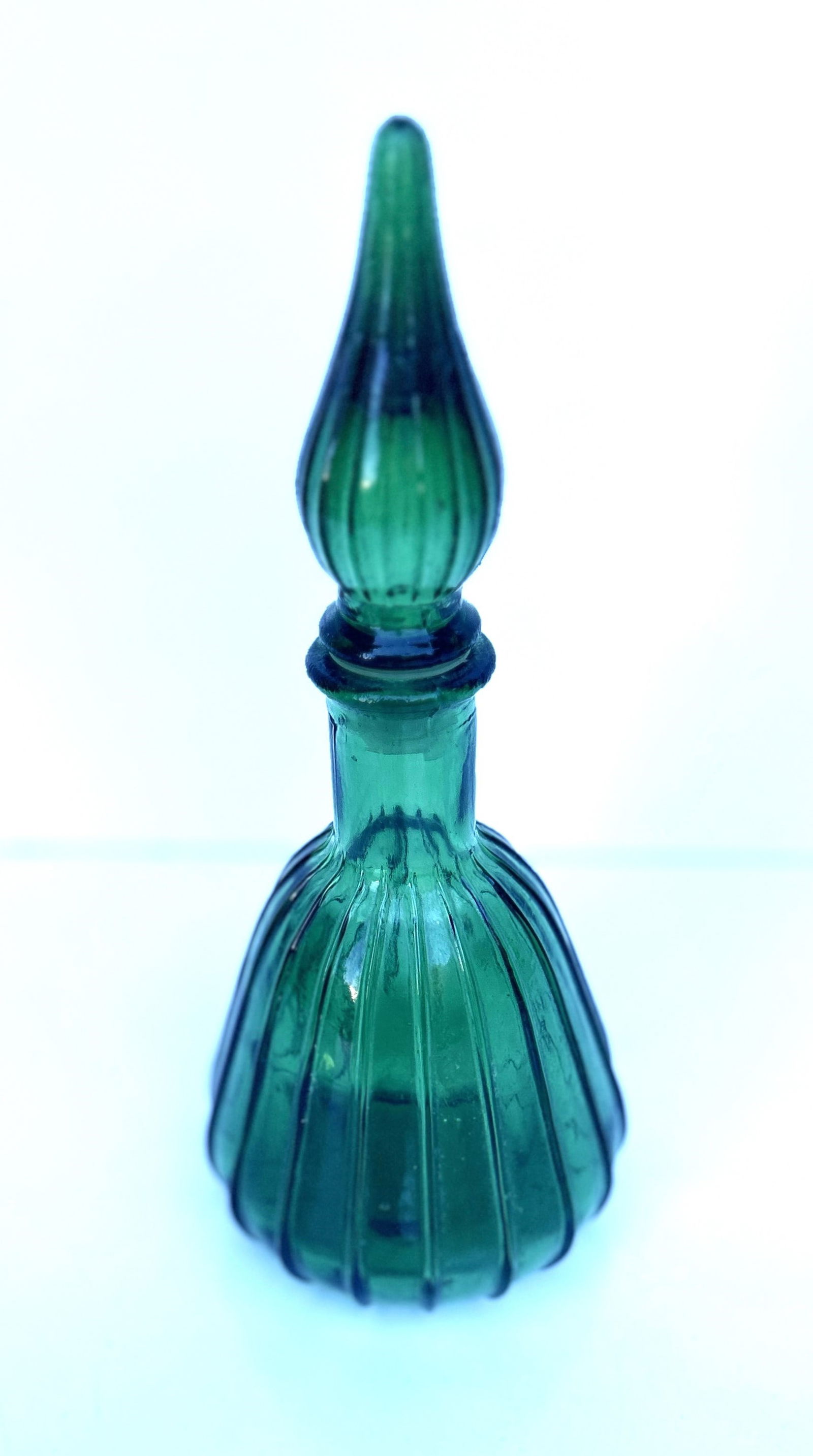 Mid-Century Modern Small Green "Genie" Bottle with Stopper 9 in. height x 3 1/2 in. wide (1 of 3)