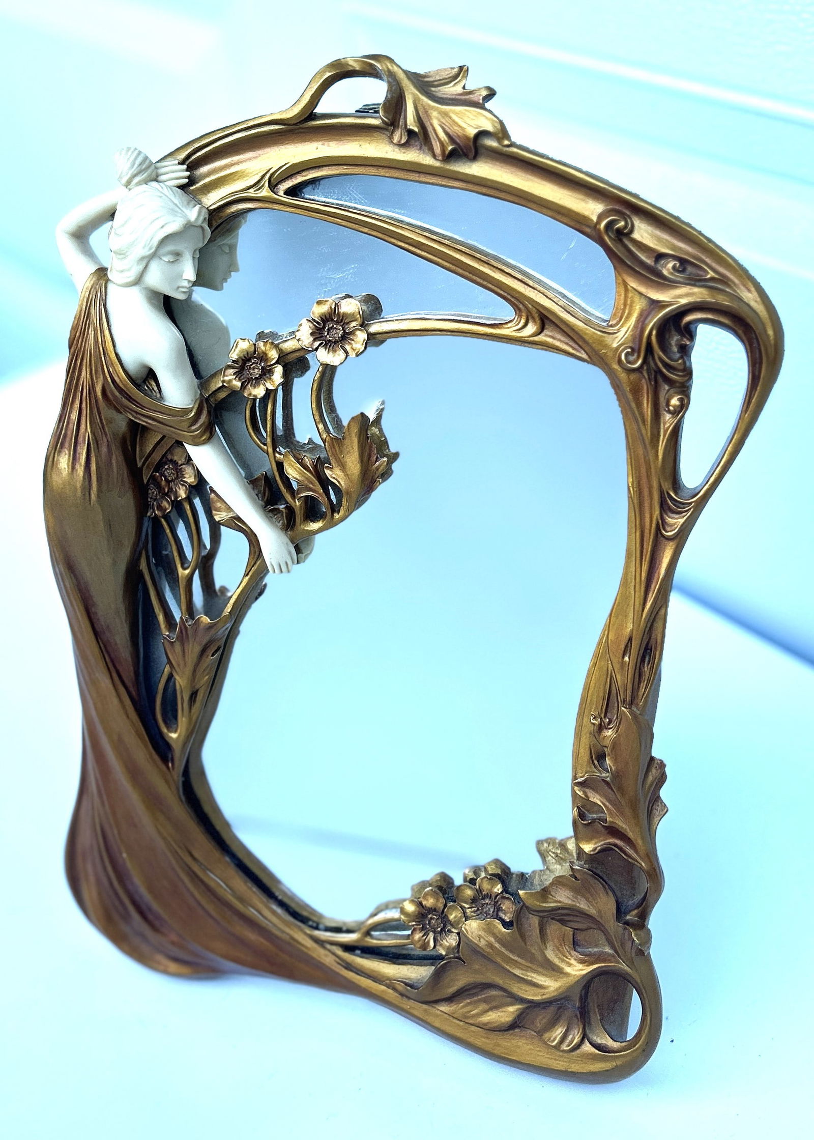 Art Nouveau Style Dresser Top Decorator Mirror in Hard Resin Composition 12.5 in. height x 9 in. w.: Art Nouveau Style Dresser Top Decorator Mirror in Hard Resin Composition 12.5 in. height x 9 in. wide.