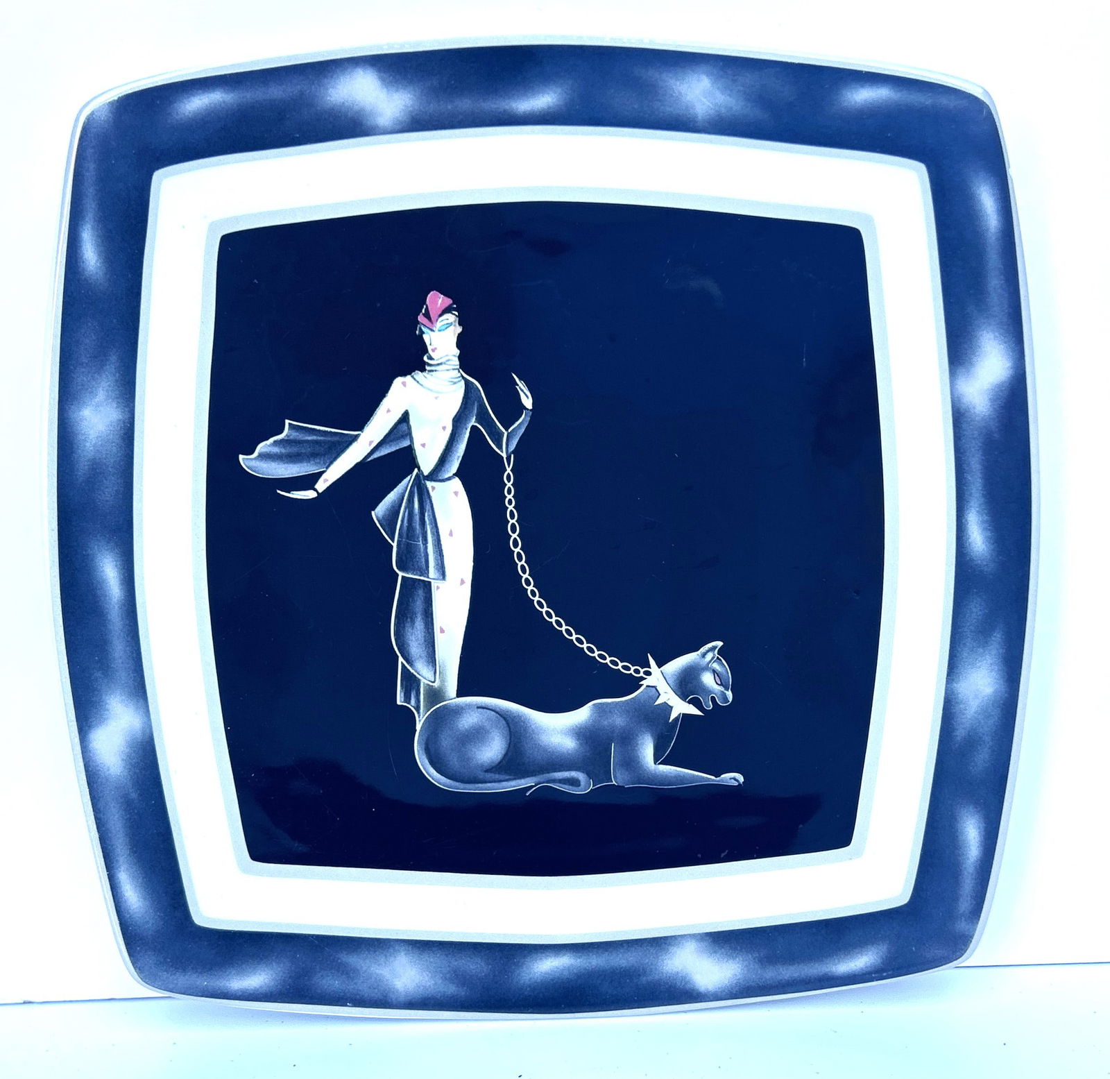 "Wild Cats" Art Deco Fashion Woman with Panther Ceramic Cabinet Plate, Italy, 11 in. diameter (1 of 4)