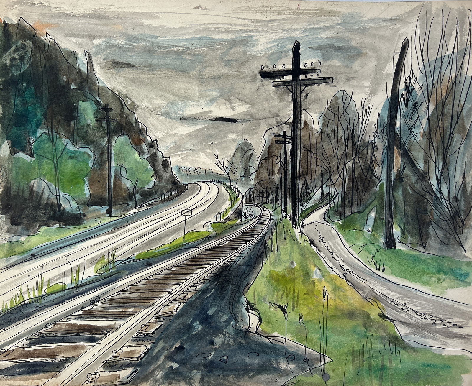 ROBERT ANGELOCH 1922-2011 Woodstock NY; Signed 1946 Watercolor Rural Landscape (1 of 5)