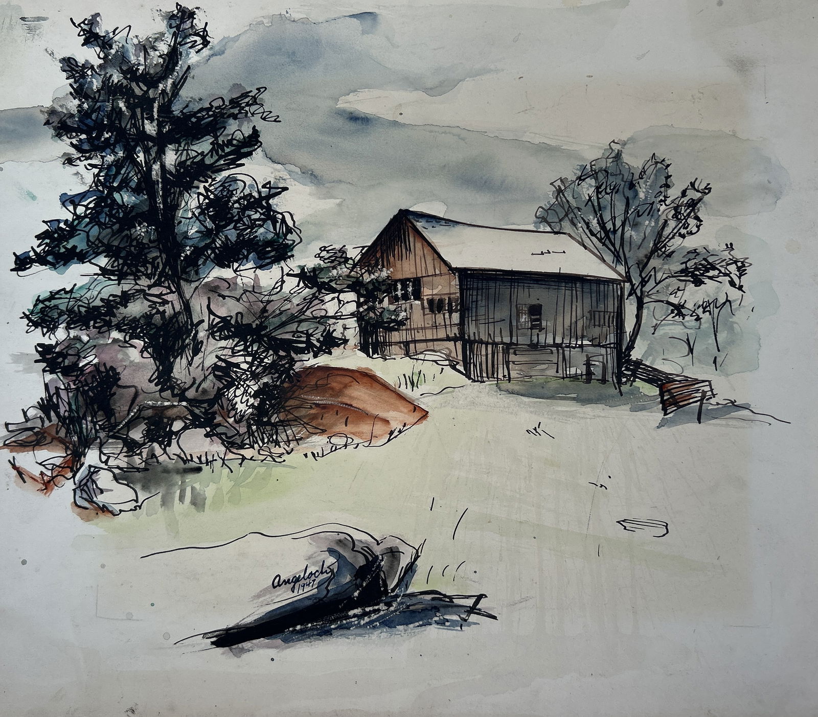 ROBERT ANGELOCH 1922-2011 Woodstock NY; 1947 Pen Ink Watercolor "Pinehaven" N.H.: ROBERT ANGELOCH 1922-2011 Woodstock NY; Pen Ink Watercolor, Signed; "Pinehaven" Fiske Boyd's Studio in Plainfield, N.H. ; Size: image 11.5 in. x 13.75 in. Provenance: acquired directly from Artist's E