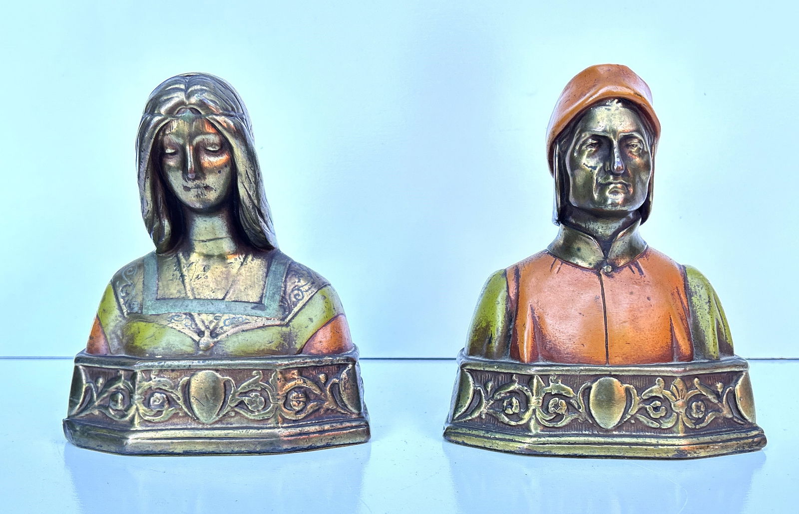 Pair Vintage Bronze Clad DANTE Figural Bookends in Original Polychrome Patina Finish (1 of 6)