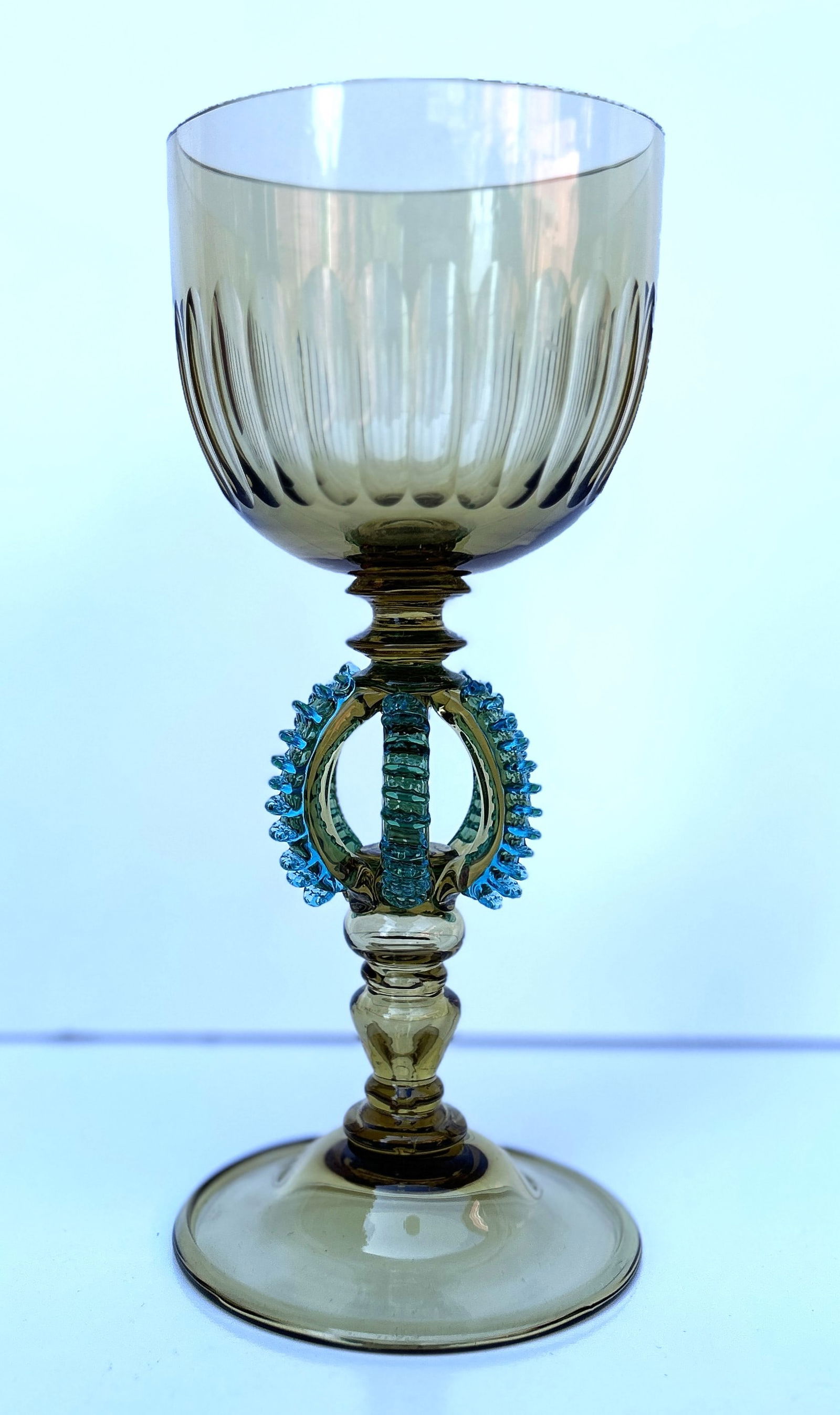Fine Quality 19th C. Moser Glass Chalice in Olive Green with Teal Blue Accent Center Stem: Fine Quality 19th C. Moser Glass Chalice in Olive Green with Teal Blue Accent Center Stem. 9 inches height x 3 3/4 in. wide