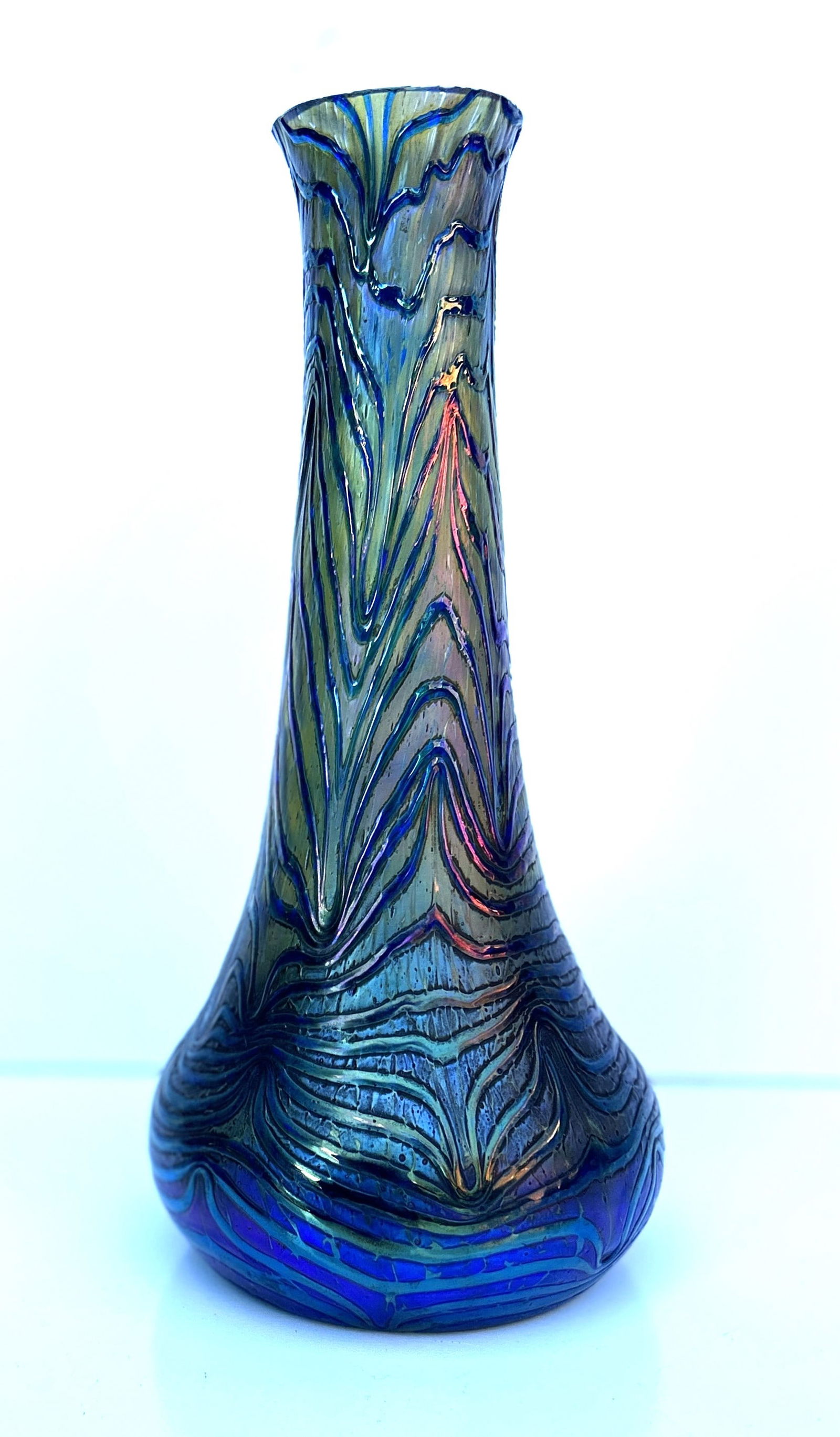 Antique Loetz Art Glass Green Iridescent Tall Vase 11 1/4 inches height (1 of 8)